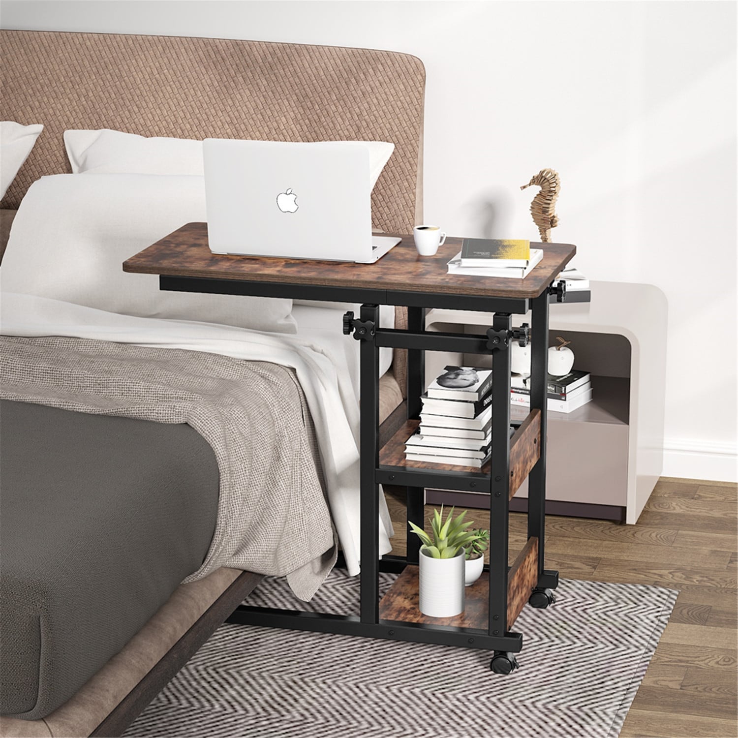 Brown Black Wood C Shaped OverBed SideTable with Wheels